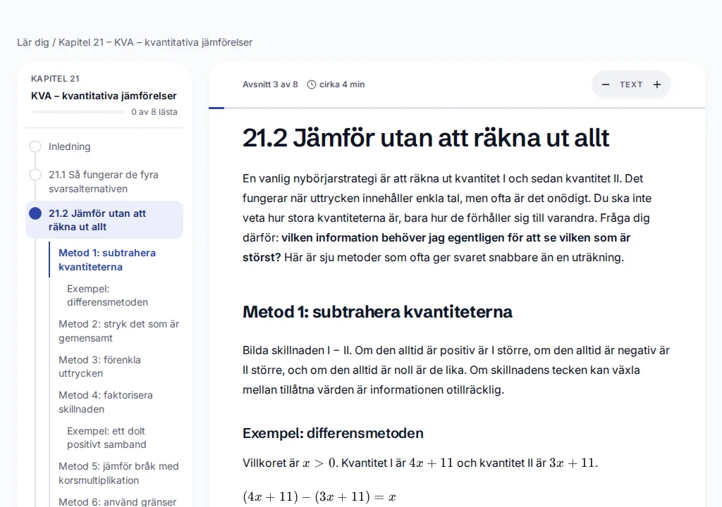 Ett kapitel i webbboken på en dator: kapitlets avsnitt i en meny till vänster och texten på ett kort till höger.